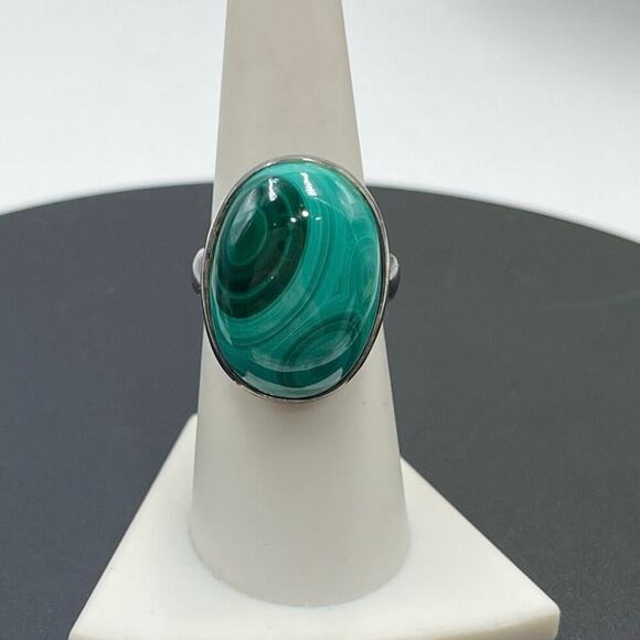 Signed Sterling silver Malachite Heart  Chakra Love Cabochon Bypass Ring 8-8.5 - Picture 1 of 11